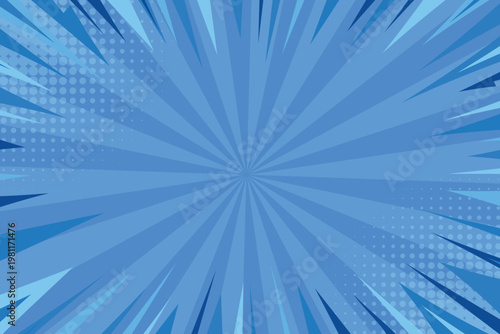 Blue comic sunburst exlosion background. Pop art speed line zoom effect backdrop. 