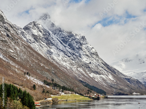 View of the landscapes aboard a cruise ship through the fjords of Norway
