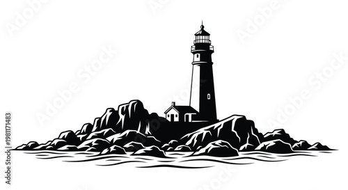 Schilderij op canvas A black and white lighthouse on a rocky island