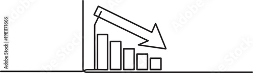 graph business icon. Chart loss schedule, arrow down. Bar, growth one line drawing vector illustration