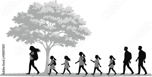 Back view silhouette of diverse group of students with backpacks walking in line outdoors under a large tree for education and school concept