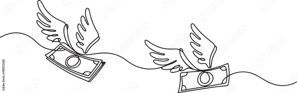Obraz premium Continuous line design of flying winged money. Symbol of spending bills, loss of money one line drawing vector illustration