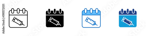 Vaccine Calendar Multiple Style Icon Design Vector - Calendar with syringe representing vaccination scheduling, immunization tracking, and healthcare planning