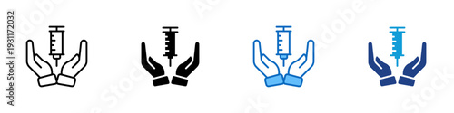 Vaccine Care Multiple Style Icon Design Vector - Hands holding syringe representing safe vaccination handling, medical protection, and healthcare support