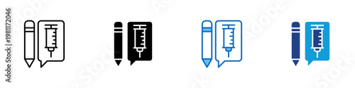 Vaccine Feedback Multiple Style Icon Design Vector - Pencil and speech bubble with syringe representing immunization feedback, medical review, and patient communication