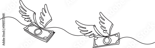 Continuous line design of flying winged money. Symbol of spending bills, loss of money one line drawing vector illustration