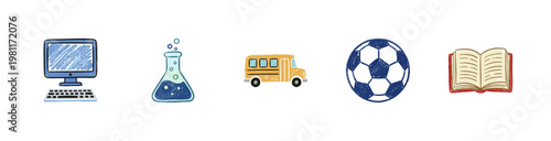 School Education and Science Learning Elements with Colorful Crayony Brush Strokes and Colorful Doodle Style