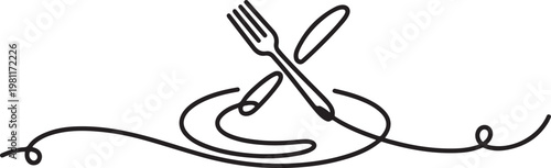Restaurant food line icon. Continuous one line with curl. Dinner sign. Hotel room service symbol. Restaurant food single outline ribbon. One line draw graphic design vector