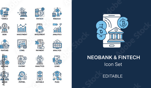 Neobank fintech line icon set minimal outline vector digital banking payment investment analytics editable UI design pack