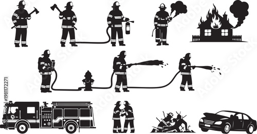 Collection of firefighters and firefighting related objects in black silhouette on white background