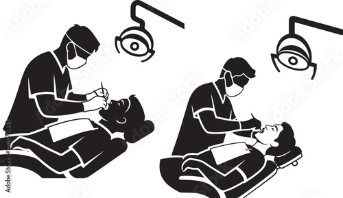 Dentist examining a patients teeth with a dental tool and lamp