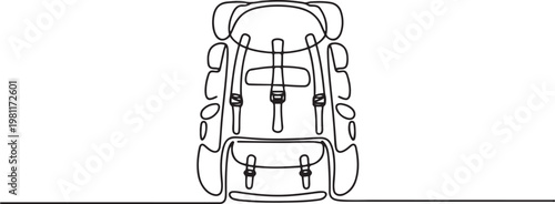 Single continuous line drawing camping backpack for hiking, travel and tourism isolated. One line draw graphic design vector