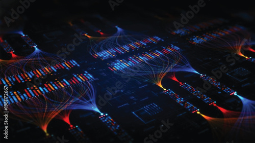 Advanced network node data flow visualization with glowing colorful fiber optic lines connecting multiple digital processing units in a complex high speed computing environment.