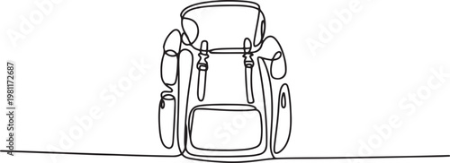Single continuous line drawing camping backpack for hiking, travel and tourism isolated. One line draw graphic design vector