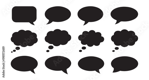 Oval and rectangular speech bubbles set with thought clouds for comic strip illustrations.