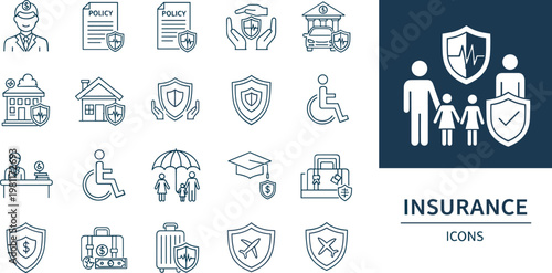 Insurance icons set with protection policy family health travel property and security line vector illustration for business and finance use