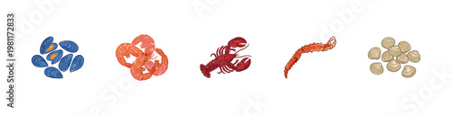 Seafood Platter and Shellfish Assortment with Fluid Crayon Pencil Texture in Crayon Colorful Style