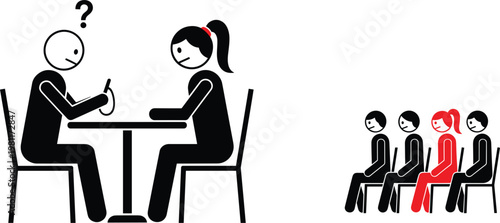 Job interview scene with recruiter questioning candidate and waiting applicants queue isolated flat vector illustration concept design