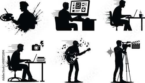 Painter silhouette, graphic designer, digital artist, writer laptop, programmer desk, photographer editing, musician guitar, filmmaker camera, creative profession icons, vector