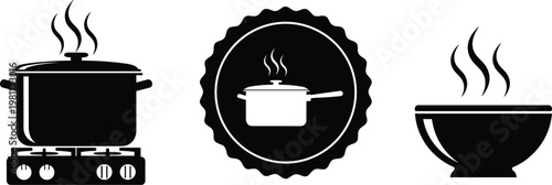 Cooking pot icons set with boiling saucepan stove and steaming bowl simple black silhouette vector illustration collection
