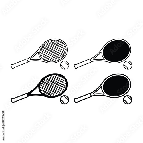 Tennis Racket and Ball Icon Set Featuring Four Distinct Styles for Sports Branding and Design
