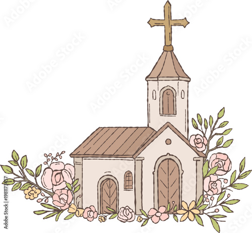 Small vintage-style church (chapel) decorated with delicate floral elements, including flowers, branches, and leaves. Hand-drawn doodle illustration in a soft, decorative style. A symbolic religious 