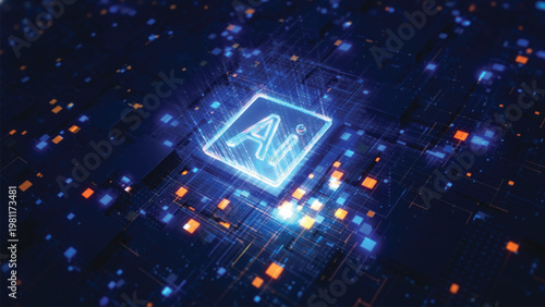 Artificial intelligence chip processor glowing with blue light in center of complex electronic circuit board representing advanced machine learning and modern computing power.