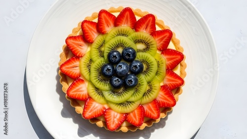 Top View Delicious Fruit Tart with Fresh Strawberries, Kiwi Slices, and Blueberries on a White Plate, Perfect for Dessert Menu, Bakery Advertising, Food Blogging, and Gourmet Restaurant Promotions
