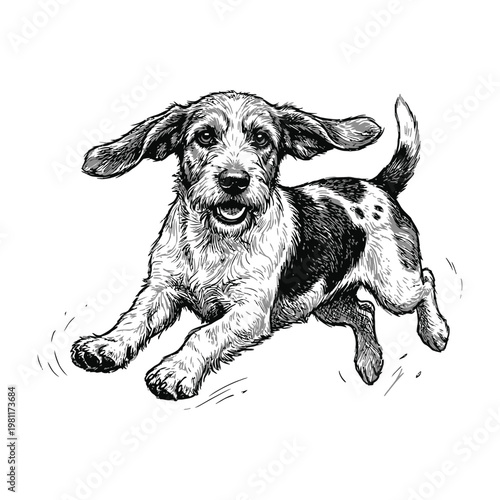 Happy Running Puppy Dog Sketch Isolated on White Background for Pet Shop and Veterinary Design
