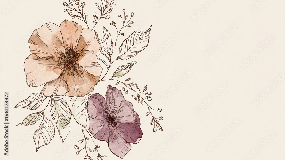 Naklejka premium Elegant floral logo design with watercolor outline flowers and leaves on white background.