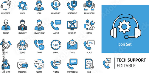 Tech support service line icon set minimal outline vector customer helpdesk communication editable UI system design pack