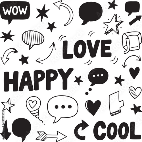 Black and white illustration of happy emoticon words and symbols