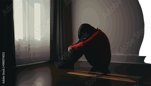 Silhouette of a lonely woman sitting on the floor in a dark room with head down crying and feeling depressed near a bright window