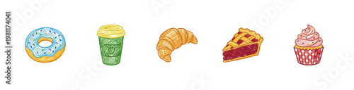 Coffee Shop Bakery and Breakfast Pastry Elements with Textured Colorful Crayon Illustration and Bold Pencil Texture Aesthetic