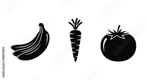 Black and white illustration of a banana carrot and tomato silhouette