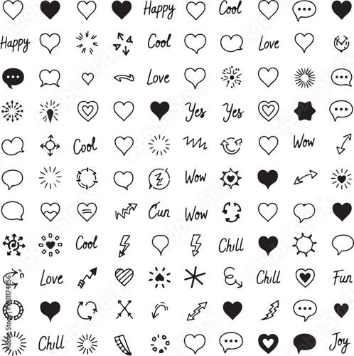 Collection of hand drawn love hearts and positive words