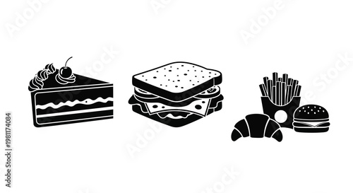 Assortment of fast food items depicted in a stark silhouette