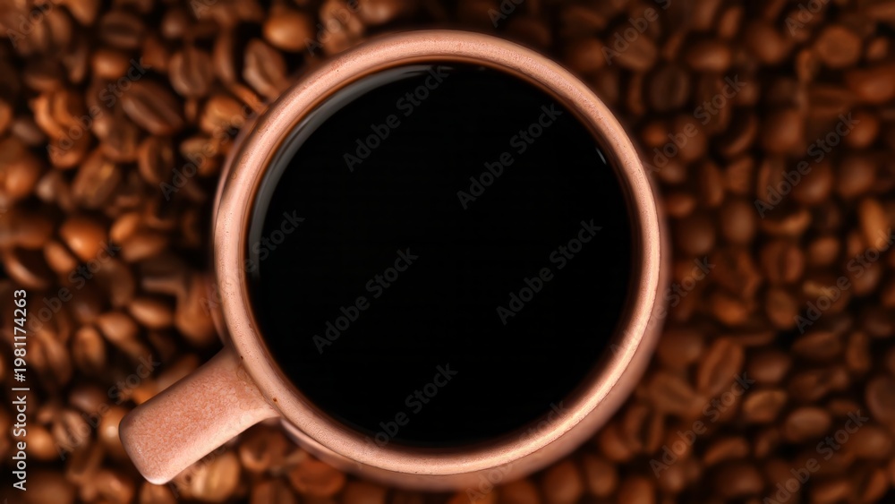 Fototapeta premium Top View cup of black coffee viewed from above, surrounded by coffee beans. Concept of refreshment, caffeine, morning ritual, and beverage industry.