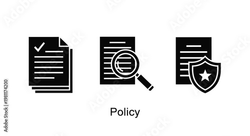 Three policy icons with checkmark magnifying glass and shield silhouette