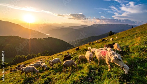 Sheep graze on a lush, grassy hillside under a golden sunset casting shadows across distant mountain ranges