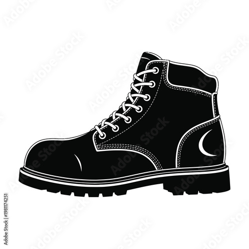 Black Leather Work Boot Silhouette Isolated on White Background for Industrial Footwear Design