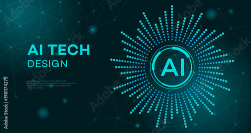 Modern artificial intelligence AI technology design concept with radiating data dots and network pattern, ideal for digital innovation presentations and banners.