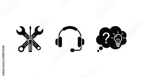 Technical support icons including tools headset and ideas silhouette