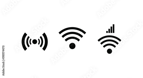 Three wifi signal strength icons in black a minimalist silhouette