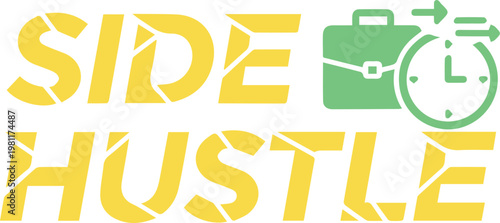 Side Hustle typography with briefcase and clock icons, gig economy concept vector, freelance work and secondary income graphic