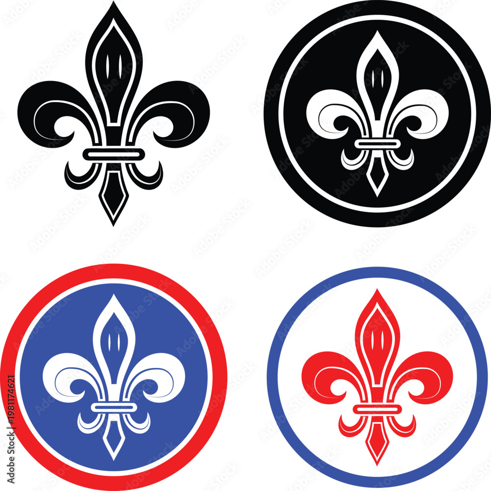 Obraz premium Decorative fleur-de-lis heraldic symbol set in various colors and circular frames for royal design elements