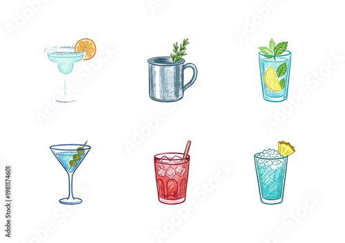 Classic Mixed Cocktails and Refreshing Summer Drinks with Colorful Crayony Pencil Texture and Detailed Engraved Texture