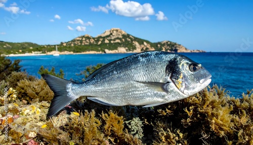 Silver fish portrait, posed in seaweed with vivid blue ocean and green land backdrop under a clear blue sky