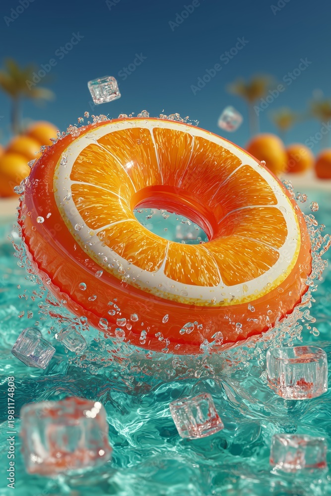 Fototapeta premium Refreshing 3D orange slice pool float splashing in clear blue water with ice cubes, ideal for summer vacation concepts