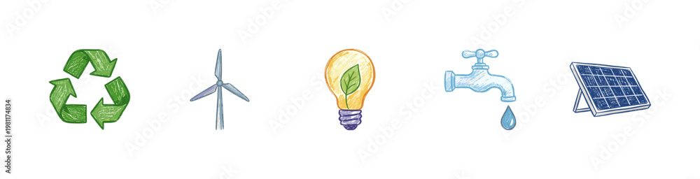 Fototapeta premium Ecology and Environmental Conservation Elements with Inky Pencil Texture and Crayon Colorful Style